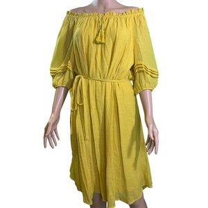 Yellow Loose Cotton Linen Dress 3/4 Sleeve Crew Neck Tie Dress Double Lay